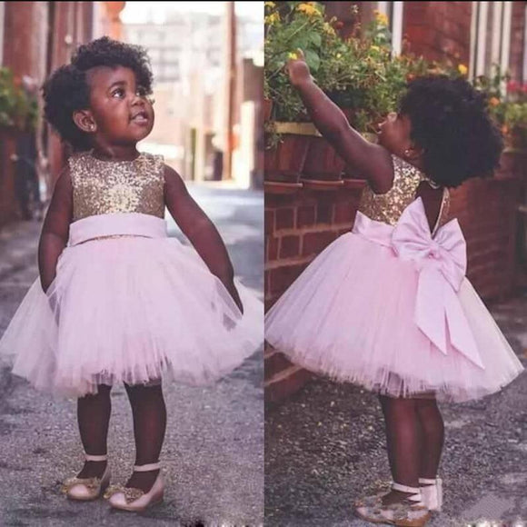 Premium Toddler Gold Sequined Pink Tulle Dress