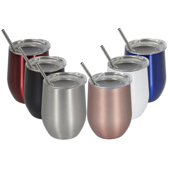 2Pcs/set Stainless Steel 12oz  Wine Tumbler With Lid + Straw + Cleaning Brush