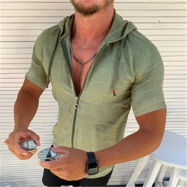 Popular Men's Short Sleeve Hooded Zippered shirt