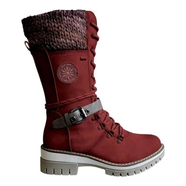 2022 Women Winter Buckle Lace Knitted Mid-calf Boots