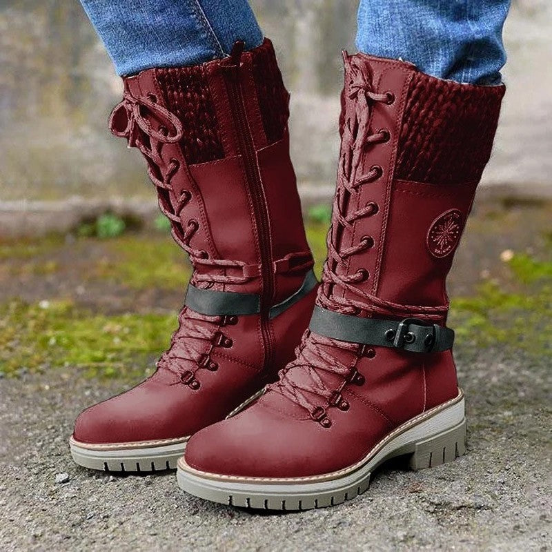2022 Women Winter Buckle Lace Knitted Mid-calf Boots